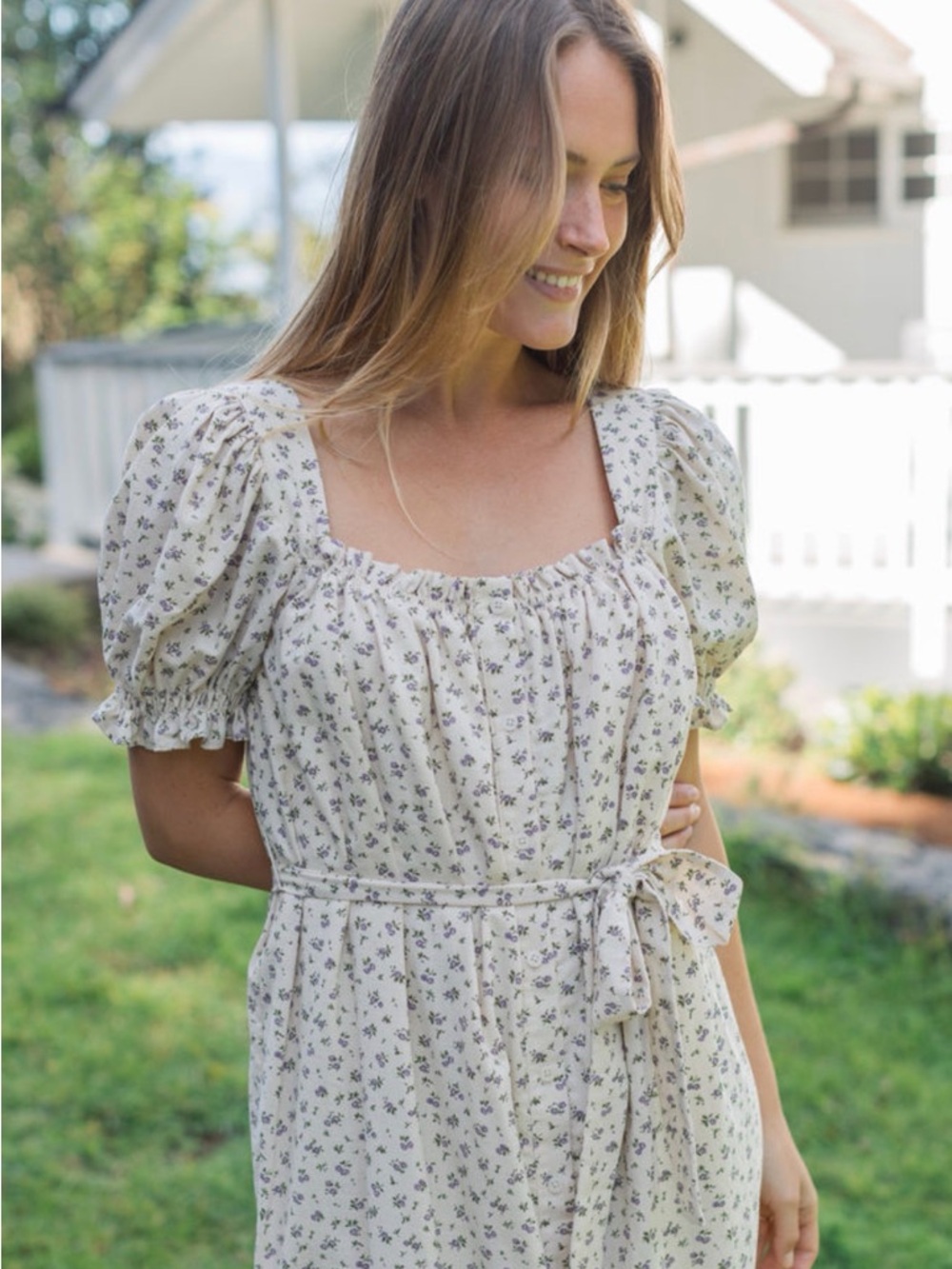 Neuflora Emerson Cream Maxi Dress with Purple Floral Print and Puff Sleeves - Picture 5 of 5